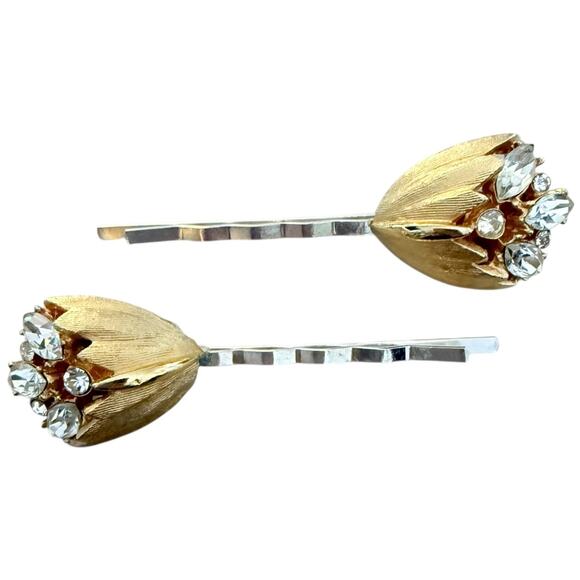 Gold Floral Bridal Hair Pins Gold Crystal Wedding Hair Accessories - Picture 2 of 6